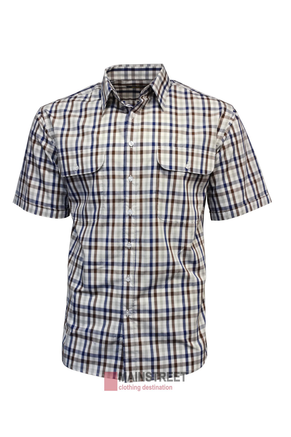 The Bisley Countryman Short Sleeve Shirt offers a blue, brown, and white plaid design, two chest pockets with flaps, a collar, and is crafted from a durable Polyester/Cotton blend for comfort and style.