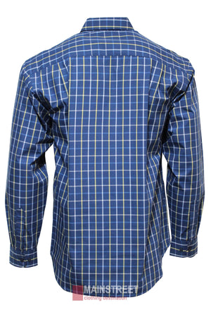The Bisley Countryman Shirt is a long-sleeved, button-up shirt shown from the back in blue and white plaid, featuring a collar, cuffs, and the "MAINSTREET clothing destination" logo at the hem.