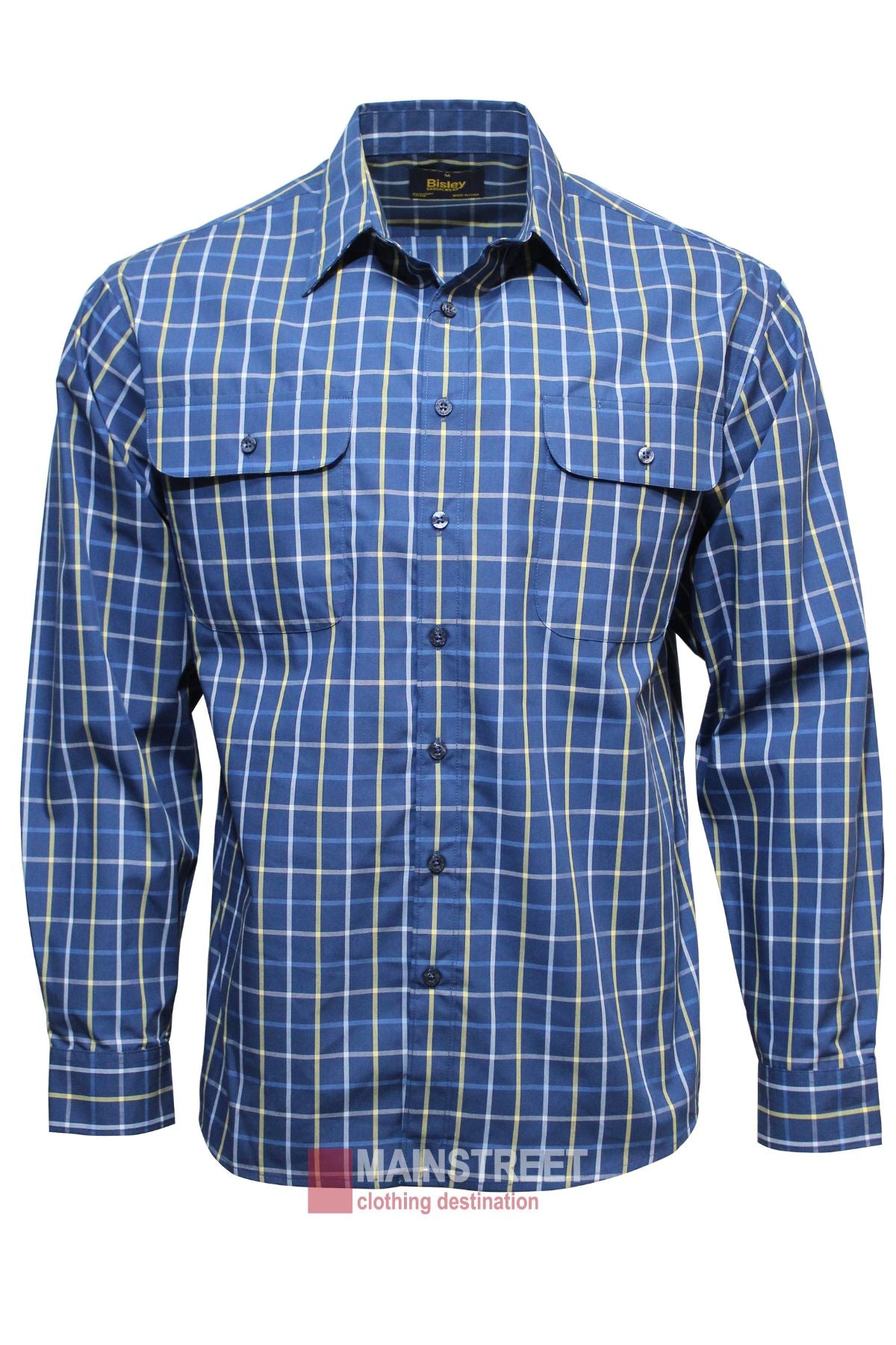 The Bisley Countryman Shirt is a classic long-sleeved shirt with a blue and white check pattern, collar, and two chest pockets with buttoned flaps, shown against a plain white background.