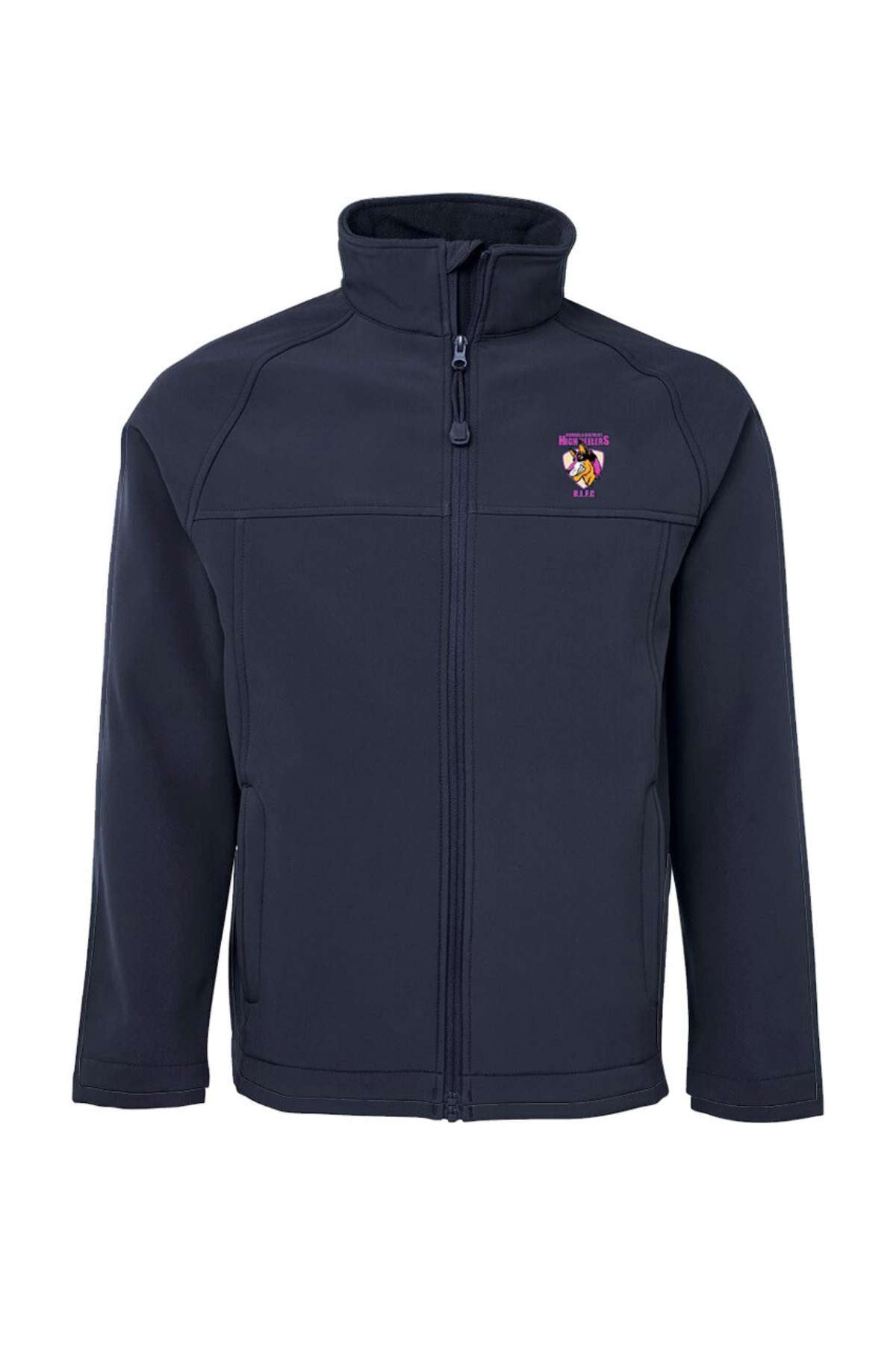 The Bombala High Heelers Soft Shell Jacket is a sleek black zip-up featuring a colorful logo on the left chest. It has a high collar and long sleeves and is available for pre-order now.