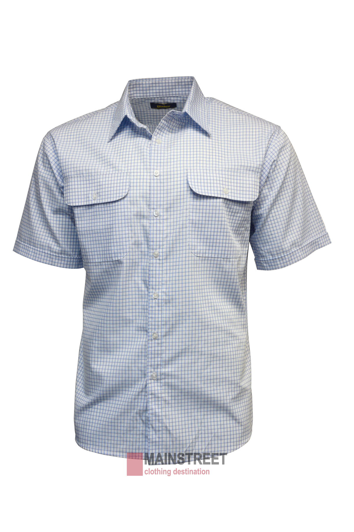 The Bisley Countryman Short Sleeve Shirt is a stylish, light blue checkered shirt with two chest pockets.