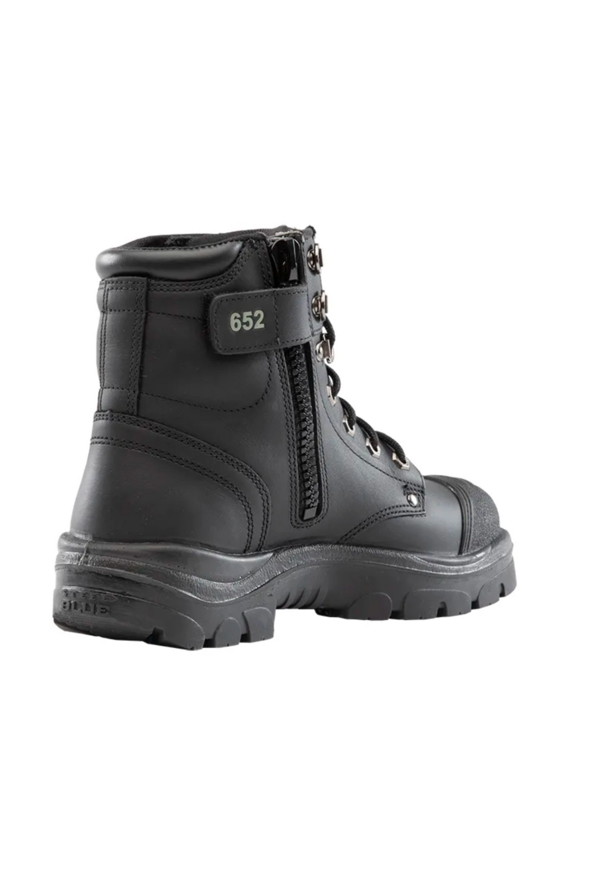 Introducing the Steel Blue Argyle Zip Scuff Cap Boot, a tactical black boot engineered for construction workers. It boasts a robust design featuring a side zipper and lace-up front, as well as a thick, rugged sole for enhanced durability. The boot includes a safety steel toe and is complemented by a small strap with the number "652" on the shaft, ensuring heavy-duty wear.