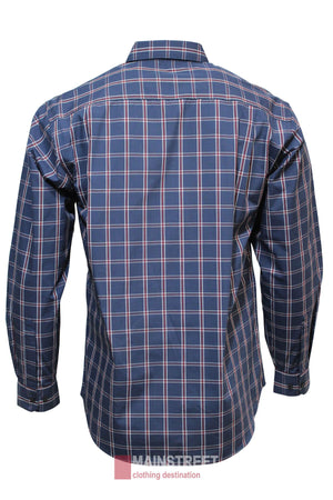 Back view of the Bisley Countryman Shirt, featuring long sleeves and a blue base with white and red plaid, buttoned up and neatly pressed against a white background.