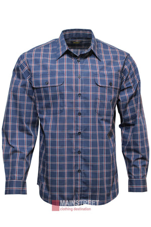 The Bisley Countryman Shirt is a long-sleeve button-up with a blue, white, and red plaid pattern, classic collar, and two chest pockets with buttoned flaps.