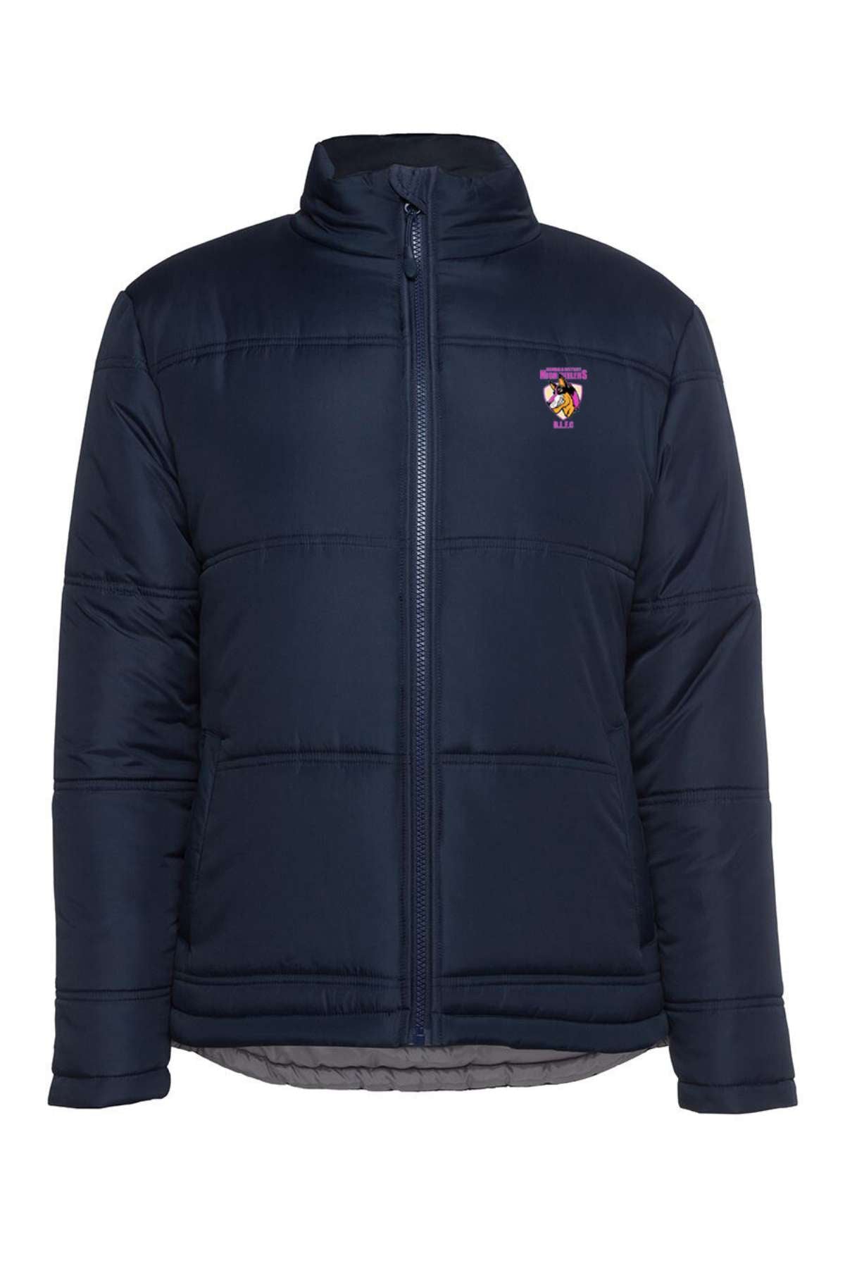 Introducing the Bombala High Heelers Puffer Jacket in navy blue, featuring a high collar, front zipper, and a small embroidered logo on the left chest. Now available for pre-order!.