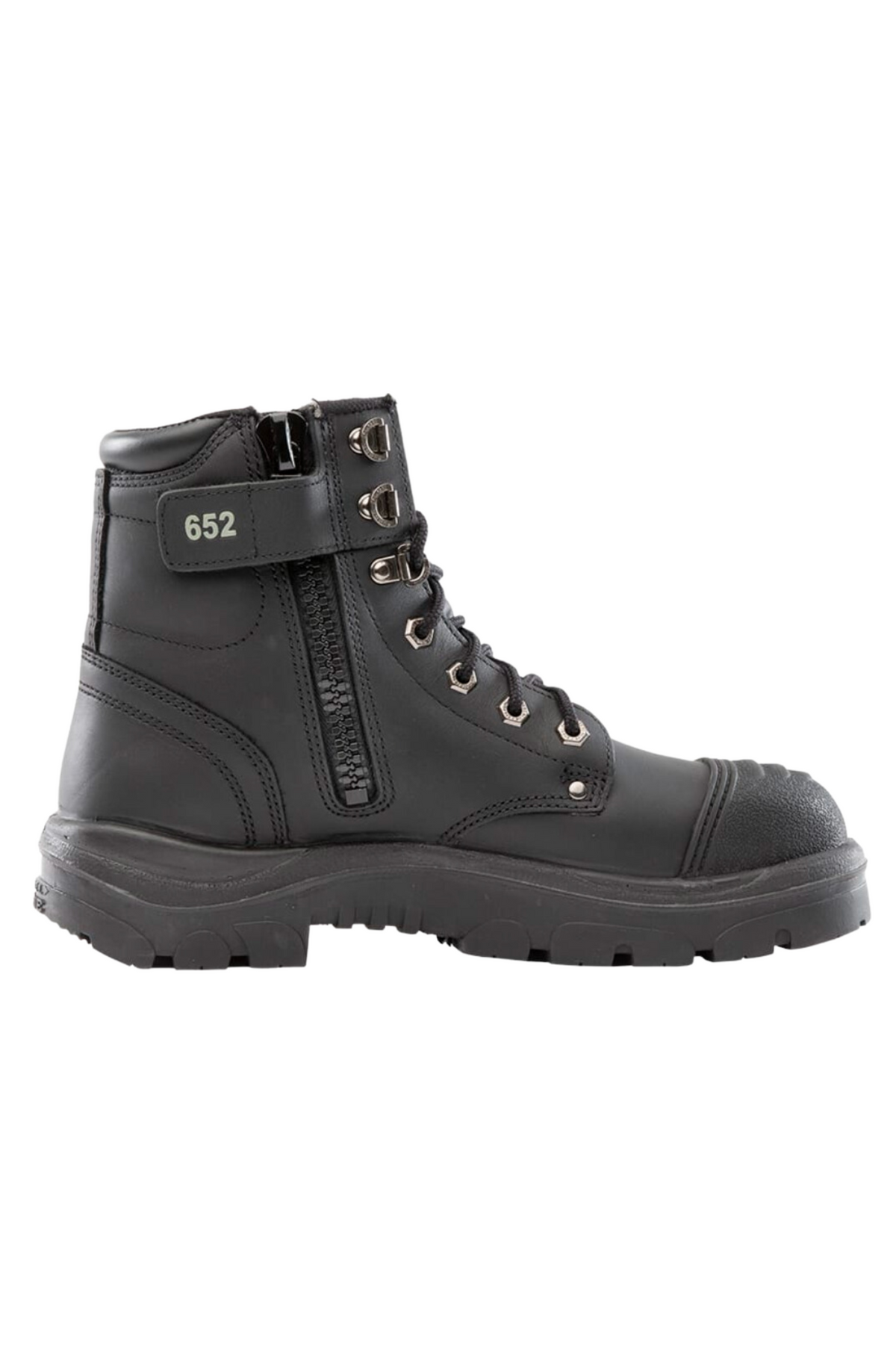 The Steel Blue Argyle Zip Scuff Cap Boot is a black, heavy-duty work boot with a high ankle, side zipper, lace-up front, and rugged sole. Marked as model "652," it is designed for construction workers and features reinforced toe protection and sturdy stitching typical of Steel Blue boots.