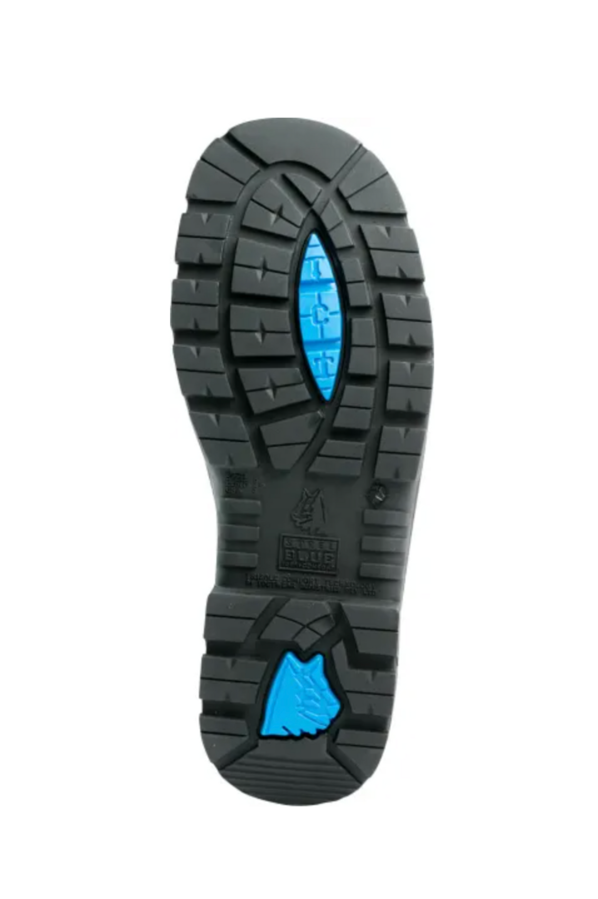 The Steel Blue Argyle Zip Scuff Cap Boot features a black sole with deep, multidirectional tread patterns for enhanced grip, making it ideal for construction workers. The sole includes blue accents in the central and heel areas, likely providing additional support or traction. This design showcases the hallmark of Steel Blue boots with their raised textures and grooves.