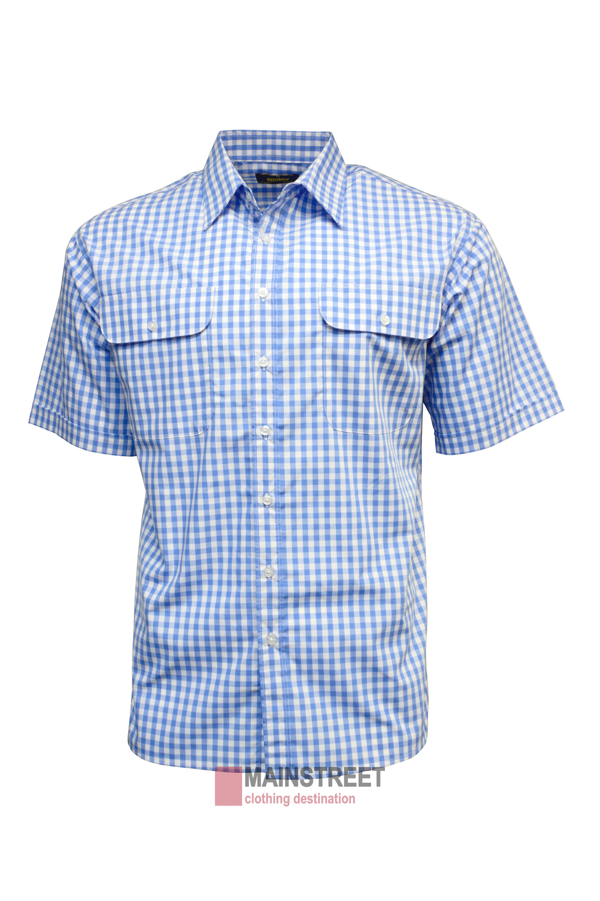 The Bisley Countryman Short Sleeve Shirt, featuring a blue and white checkered pattern, is made from a durable polyester/cotton blend and includes two flap chest pockets, displayed elegantly against a white background.