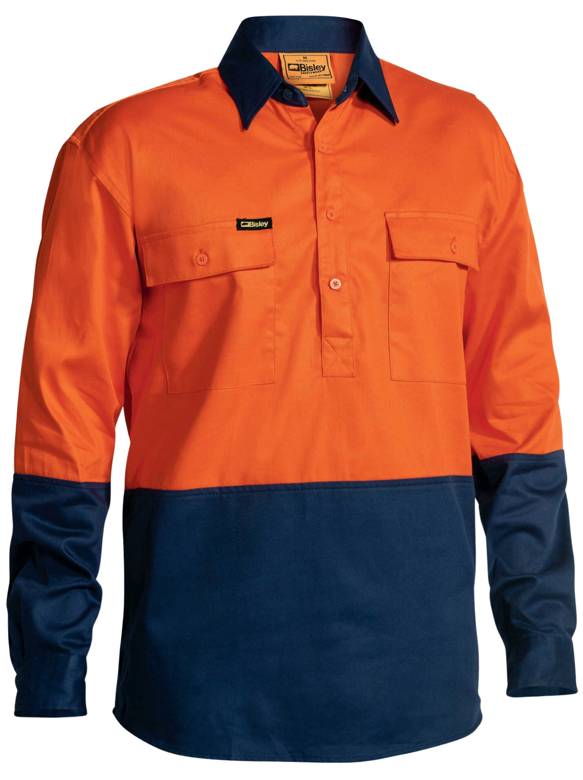 The Bisley Hi Vis Closed Front Drill Shirt blends safety and style with a bright orange top half and navy bottom, crafted from lightweight fabric. It includes a collar, two buttoned chest pockets, and a small logo patch on the left.