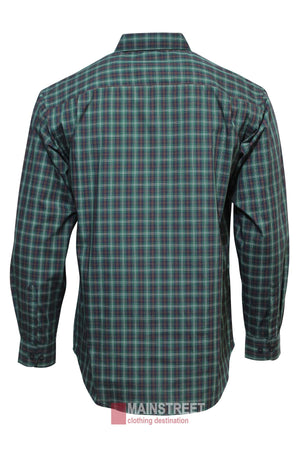 A long-sleeve Bisley Countryman Shirt with a green, blue, and red checkered pattern is shown from the back. It has a classic collar and cuffs. The "MAINSTREET clothing destination" logo appears at the bottom.