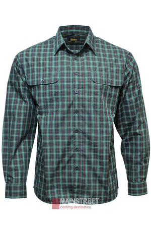 The Bisley Countryman Shirt is a long-sleeve, button-up shirt with a green, blue, and red plaid pattern and two button-flap chest pockets.