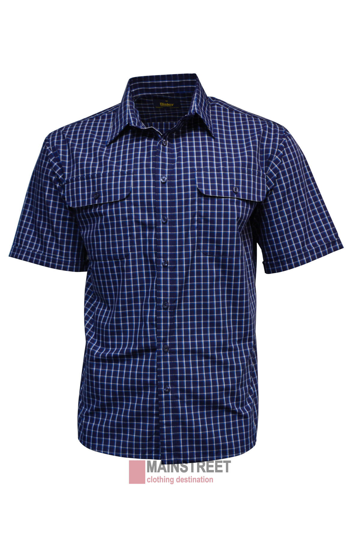 The Bisley Countryman Short Sleeve Shirt showcases a blue and white check pattern, chest pockets with buttons, a classic collar, and is made from a comfy Polyester/Cotton blend. Shown on a white background.