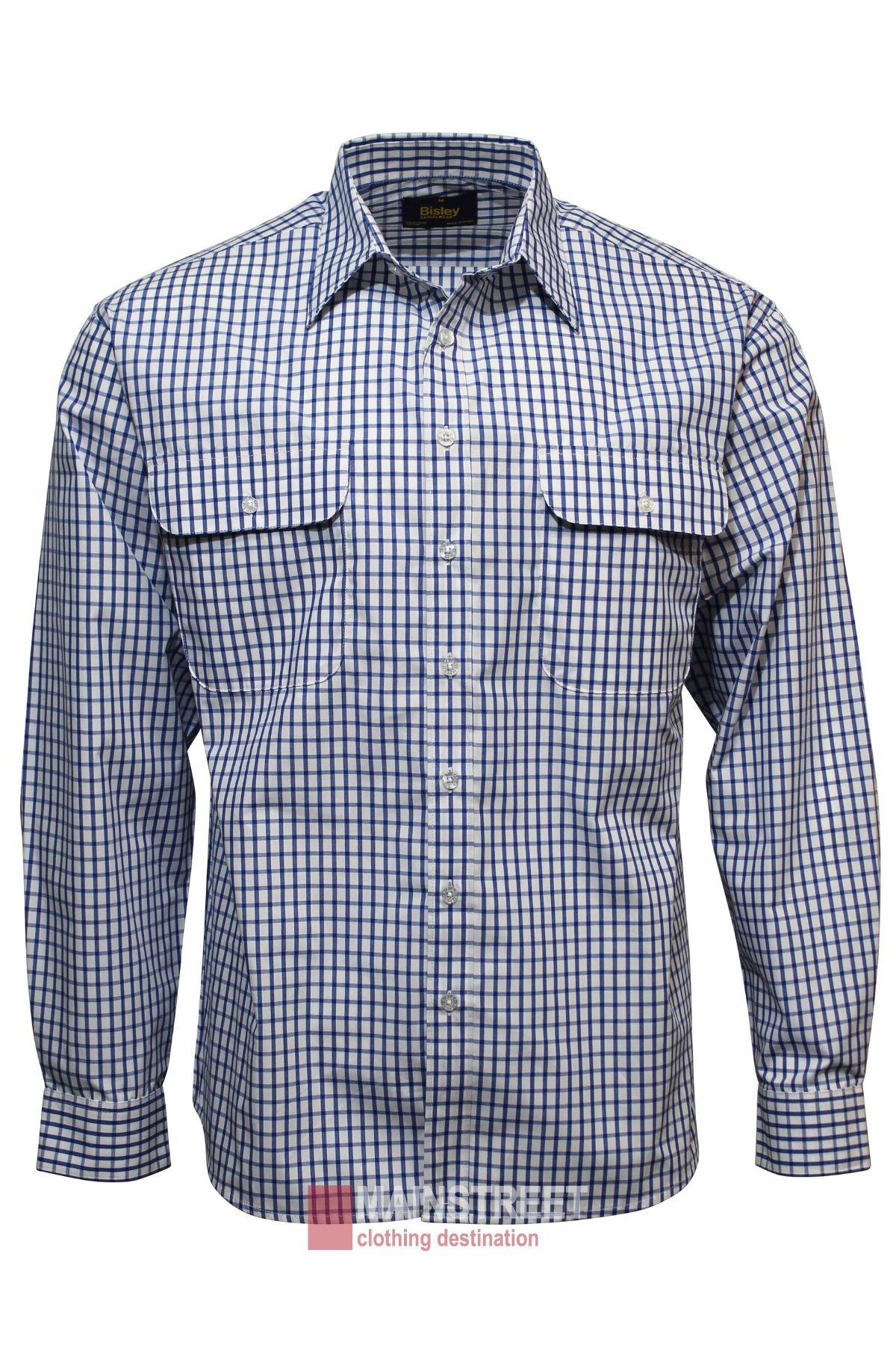 The Bisley Countryman Shirt is a long-sleeve, blue and white checked button-up made from a comfy poly-cotton blend, featuring two chest pockets and a pointed collar, shown on a plain white background.