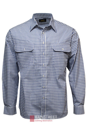 The Bisley Countryman Shirt is a long-sleeve, blue and white checked button-up made from a comfy poly-cotton blend, featuring two chest pockets and a pointed collar, shown on a plain white background.