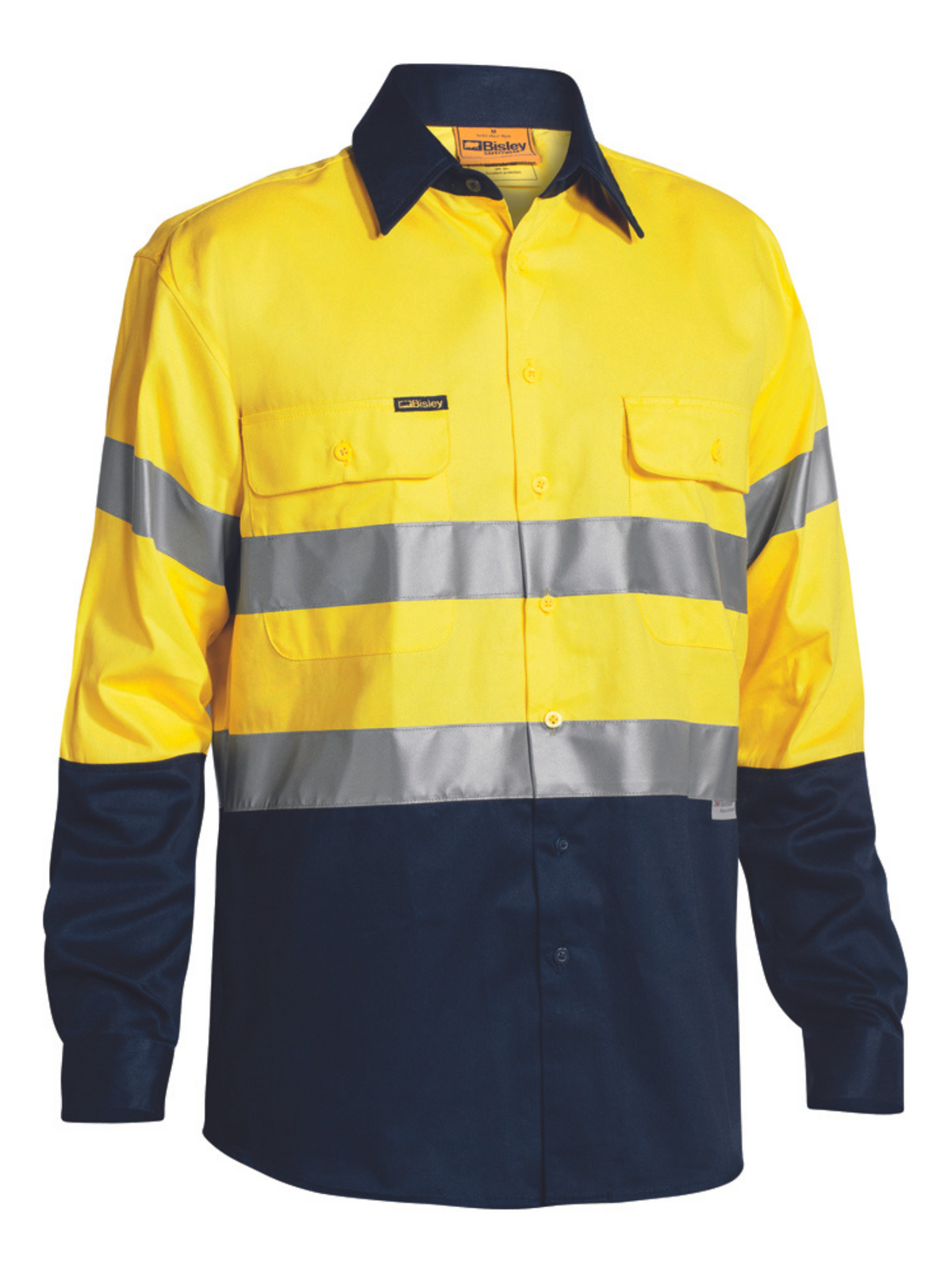 The Bisley Taped Hi Vis Drill Shirt is crafted from 100% cotton and features long sleeves. It boasts a high-visibility yellow upper, complete with two reflective taped silver bands around the chest and arms, while the lower portion and sleeves are in navy blue. The shirt also includes two chest pockets and black collar details for added style.