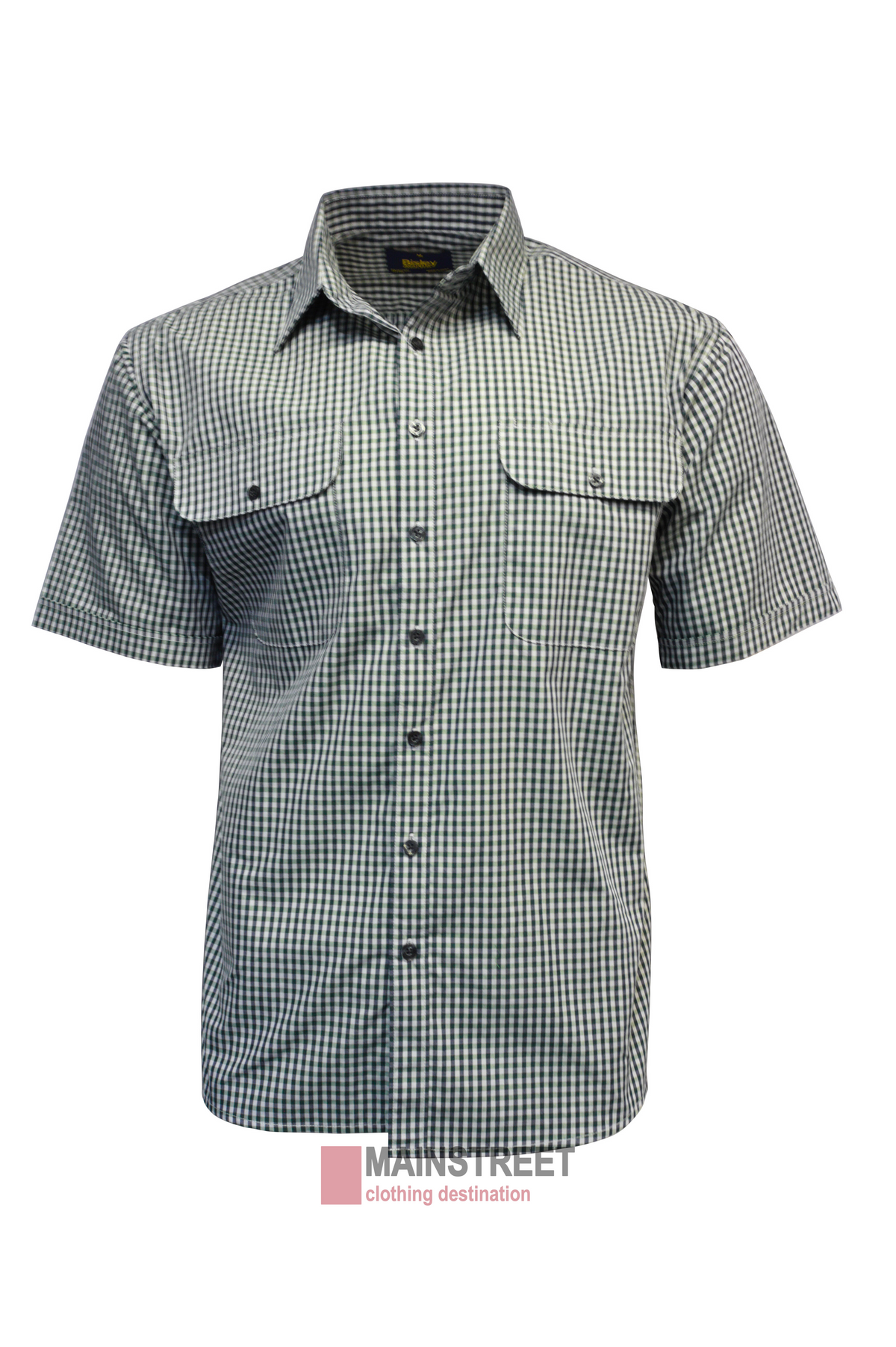 The Bisley Countryman Short Sleeve Shirt boasts a classic black and white checkered pattern crafted from a durable polyester/cotton blend. It features two chest pockets with button closures and the "Manstreet clothing destination" label on the hem for authenticity.
