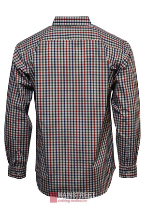 The Bisley Countryman Shirt features long sleeves, buttoned chest pockets, and a red, blue, black, and white checkered pattern, displayed from the back on a plain white background.