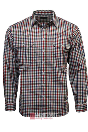 The Bisley Countryman Shirt is a long-sleeve, multicolored checkered shirt in blue, red, white, and green with buttoned chest pockets for style and functionality, shown on a white background.