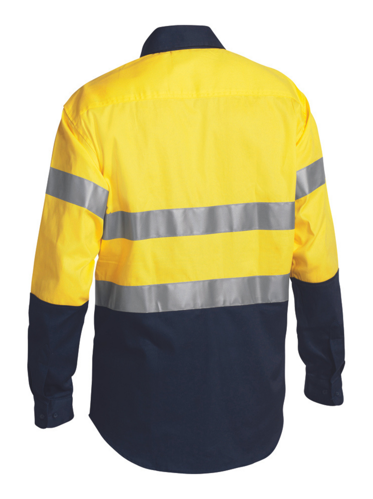 The Bisley Taped Hi Vis Drill Shirt is a long-sleeve shirt featuring a bright yellow top and navy blue bottom. Made from 100% cotton, it is designed with reflective taped horizontal silver bands around the chest and arms to enhance visibility in low-light conditions.