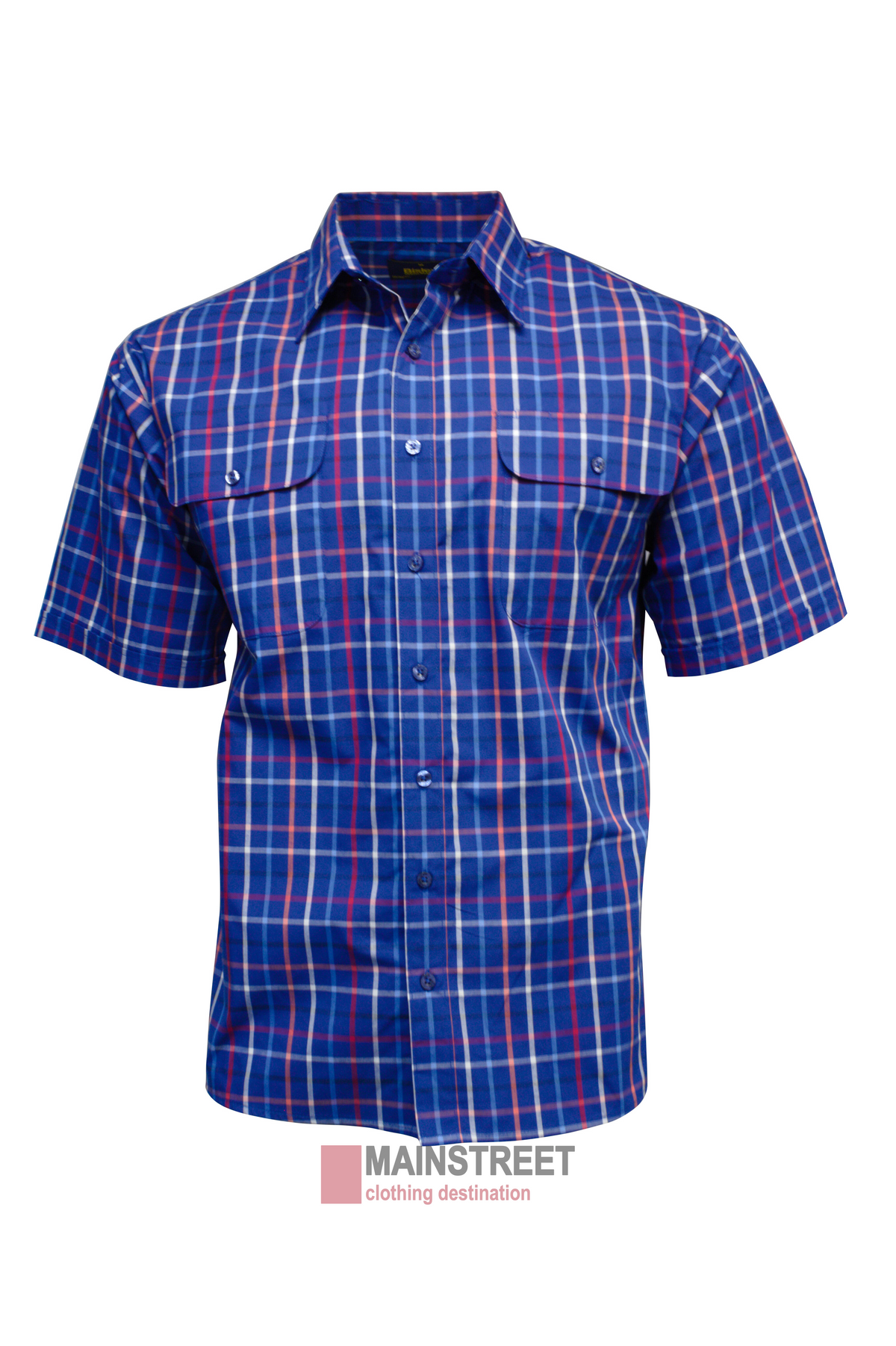 The Bisley Countryman Short Sleeve Shirt showcases a blue and red plaid pattern, short sleeves, a classic button-up front, and two chest pockets on a plain white background.
