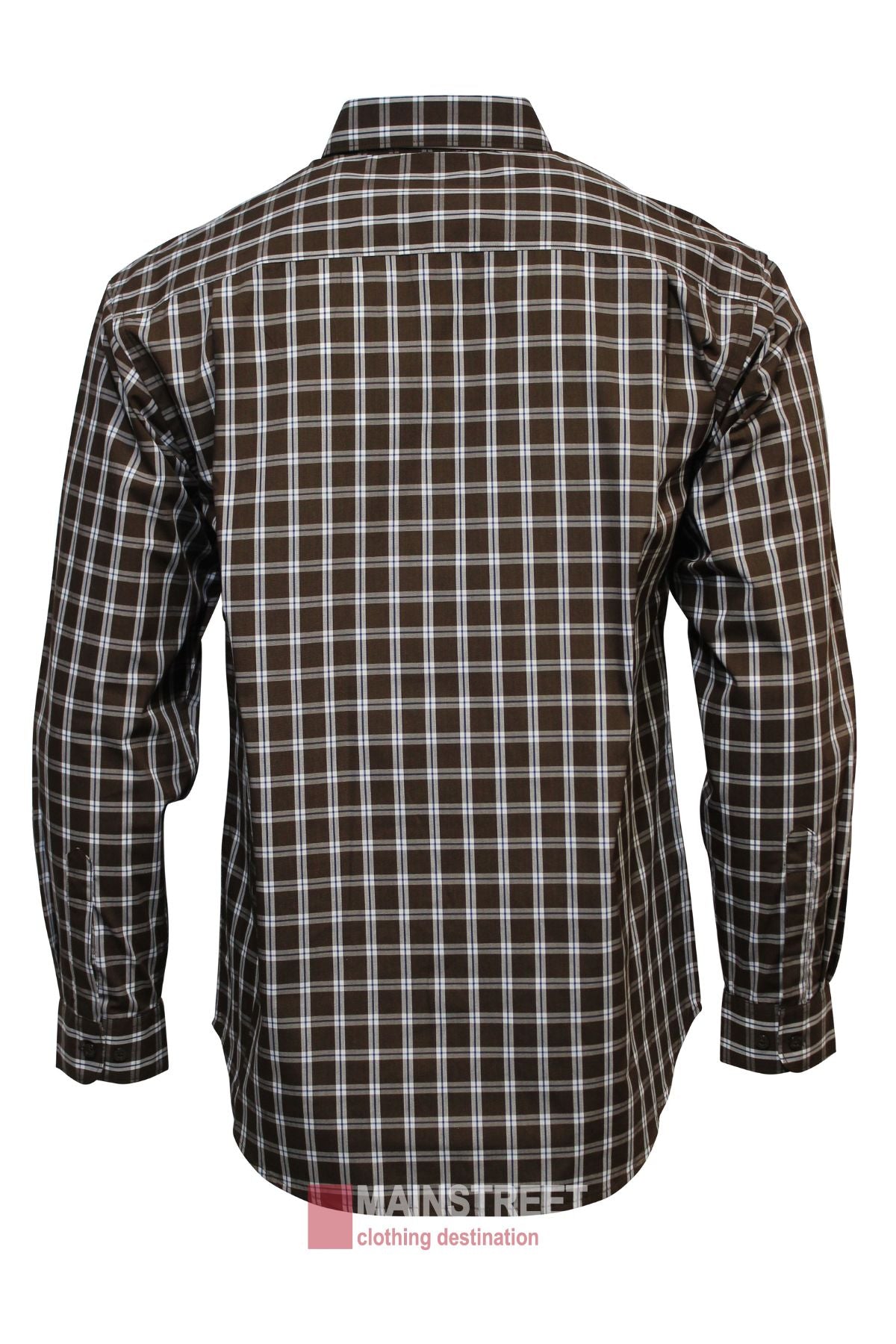 The Bisley Countryman Shirt is a brown long-sleeve button-up with a white and light blue check pattern, shown from the back on a plain white background.