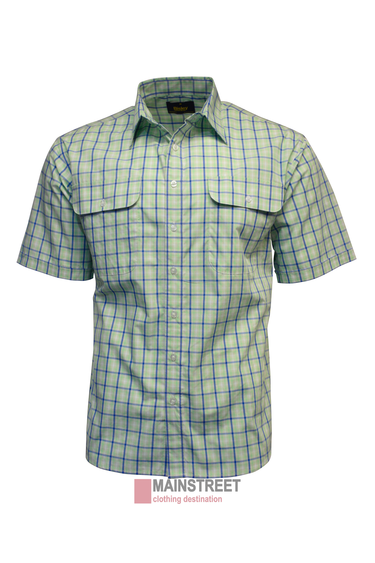 The Bisley Countryman Short Sleeve Shirt has a green and blue plaid design, made from a comfy polyester/cotton blend, with two chest pockets and flaps, shown on a white background.
