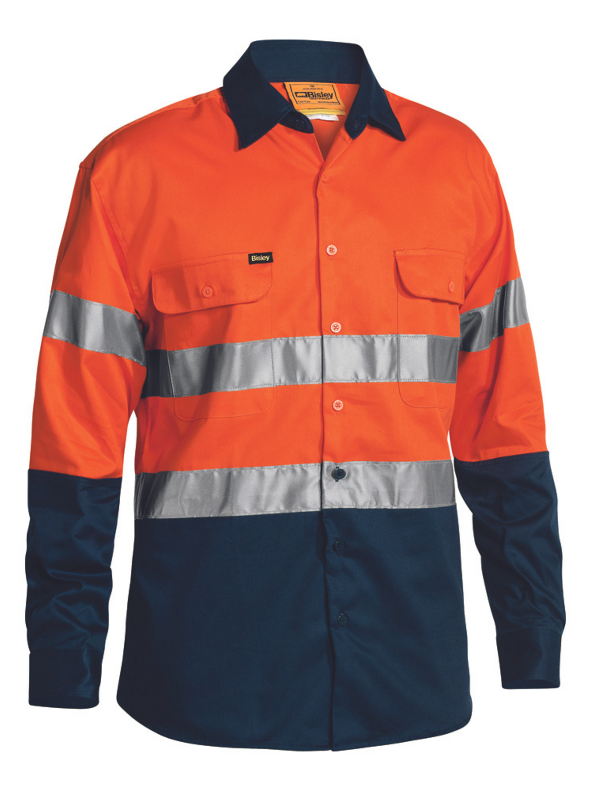 The Bisley Taped Hi Vis Drill Shirt features long sleeves and high-visibility design elements. This shirt is predominantly orange, with navy blue lower sleeves and lower body. Made from 100% Cotton Preshrunk Drill, it includes reflective taped hoop silver stripes on the chest, arms, and back. Additionally, it has a small pocket on the left chest adorned with a black label.
