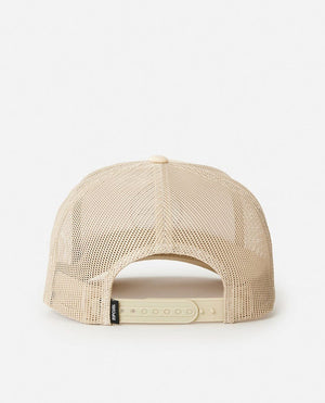 Beige mesh Rip Curl Routine Curve Trucker shown from the back, with an adjustable snapback closure and a small black tag on the left—a stylish, modern accessory.