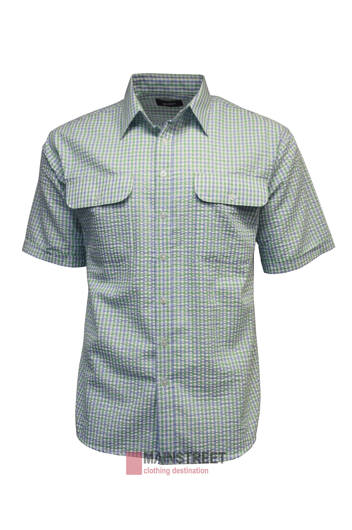 The Bisley Countryman Seersucker Short Sleeve Shirt is a men's button-up, light green and white checkered shirt with large front pockets, elegantly displayed on a white background.