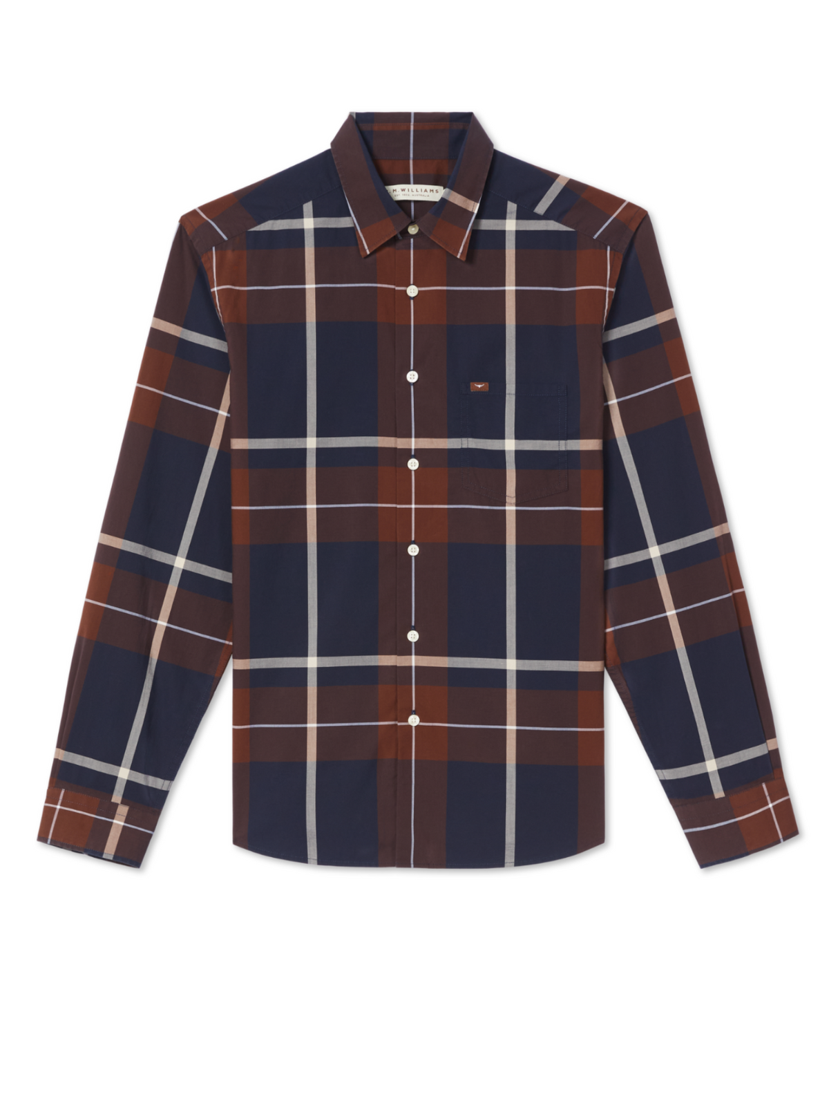 The RM Williams Coalcliff Shirt is a long-sleeve button-up with a large plaid pattern in navy blue, brown, and white, featuring a front chest pocket, white buttons, and signature longhorn embroidery.