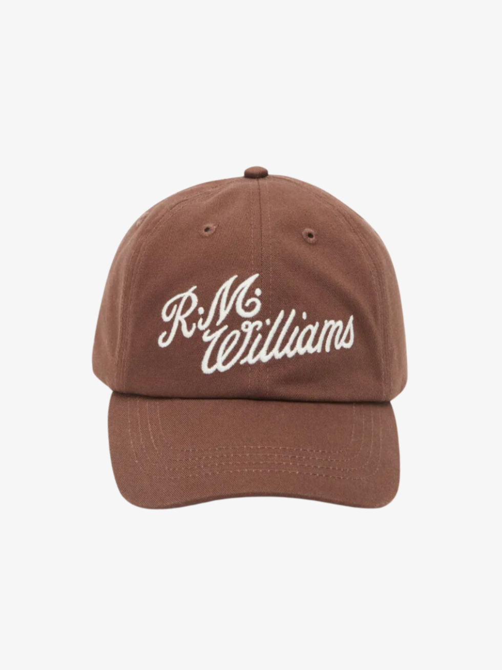 The RM Williams Script Cap is a brown cotton twill baseball cap with the R.M.Williams script logo embroidered in white cursive on the front, shown against a plain white background.