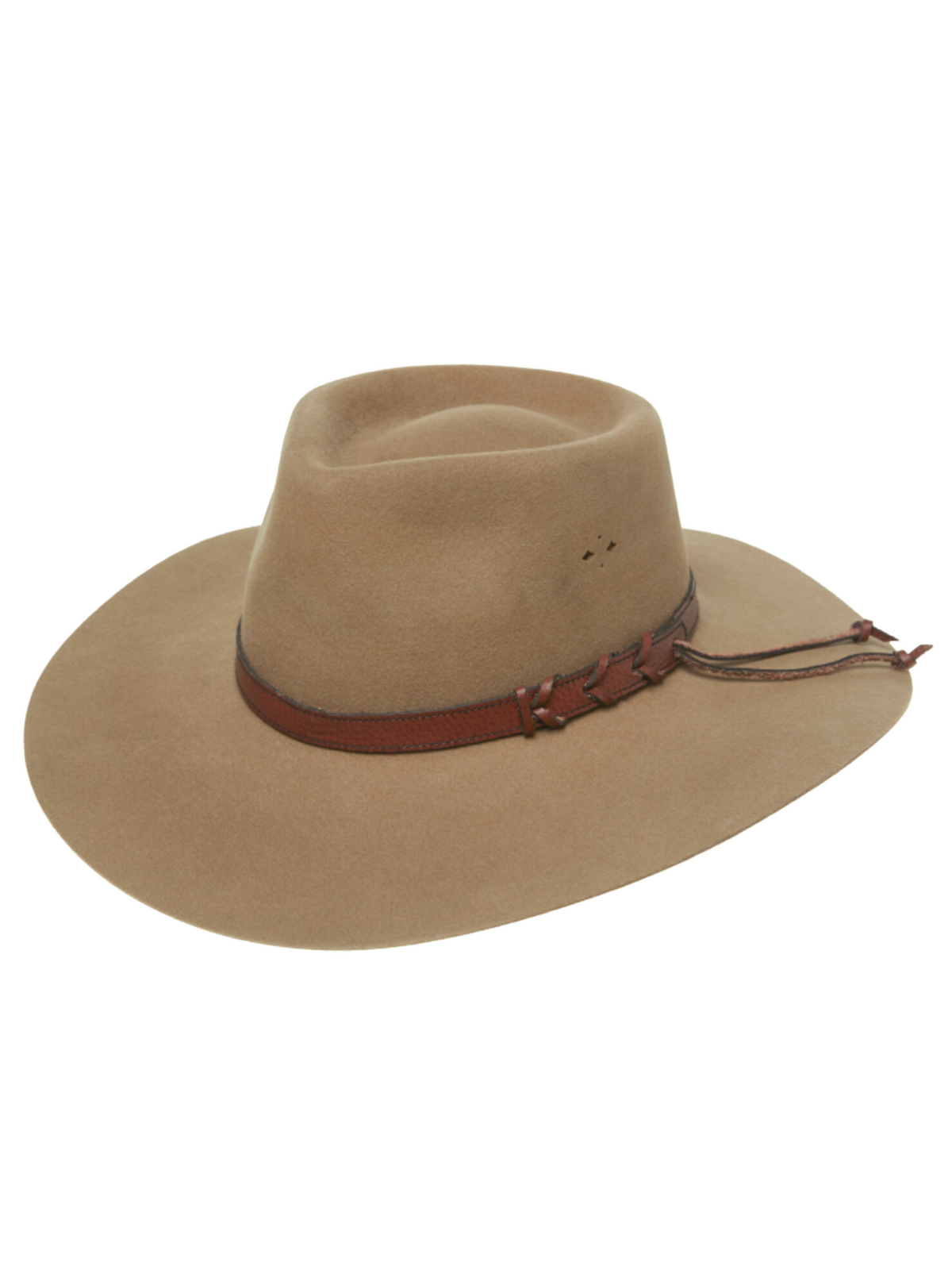 The Statesman Big Australian Fur Felt Hat showcases a brown wide-brimmed style, complemented by a chic leather band with decorative stitching and tassels. Its classic, slightly tapered crown enhances its rugged appeal.