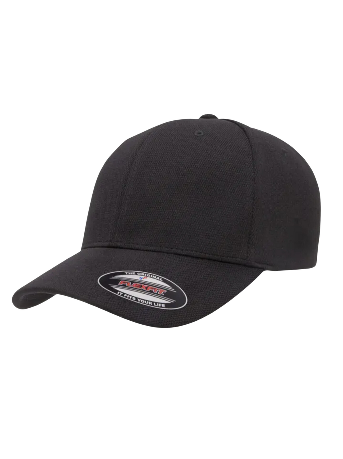 The FlexFit Cool Dry Sports Cap is presented against a white background, showcasing its curved brim and a "FLEXFIT" sticker on the front. Its lightweight nature and moisture-wicking technology provide comfort for any activity.