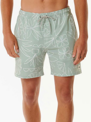 Sporting mint green Rip Curl SWC Plantation Volley swim shorts with a white abstract floral design, these trendy shorts offer an elastic drawstring waist for comfort. Made from quick-dry fabric, they're perfect against a plain white backdrop.