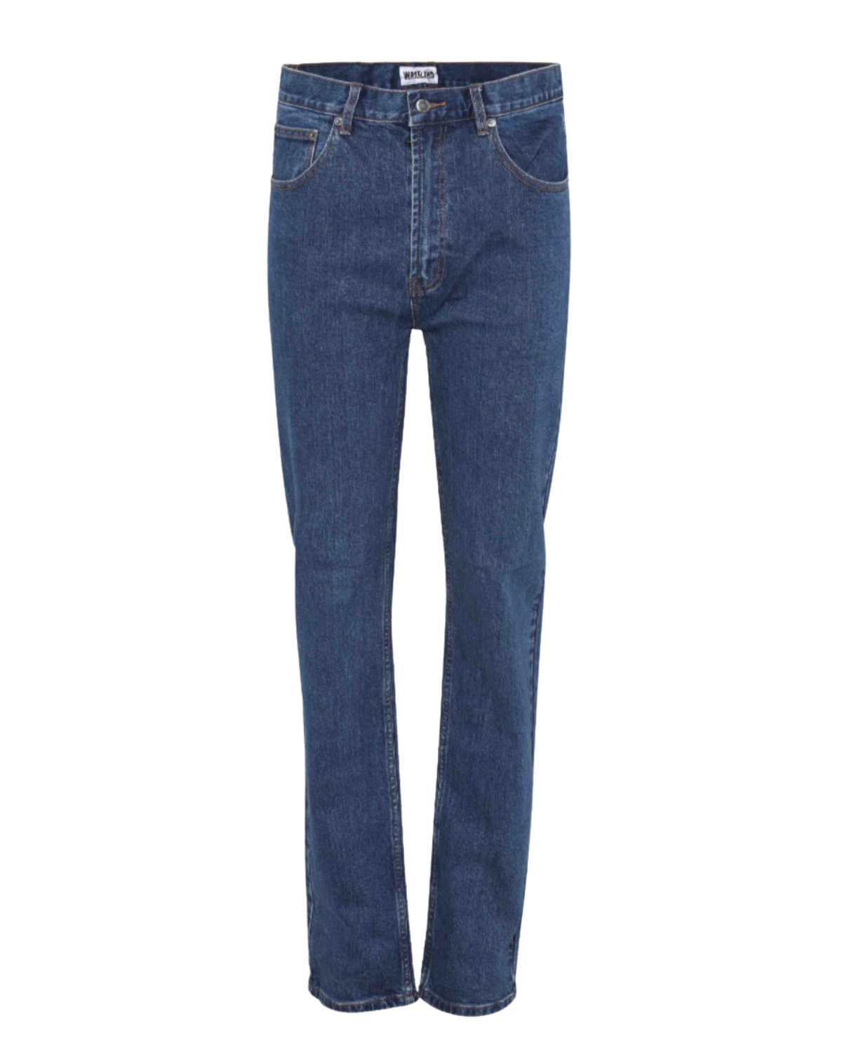Workland Stretch Jeans in blue denim feature a classic five-pocket design and contrast stitching. Displayed on a white background, these mid-rise jeans offer a straight-leg silhouette with a convenient button and zipper closure.