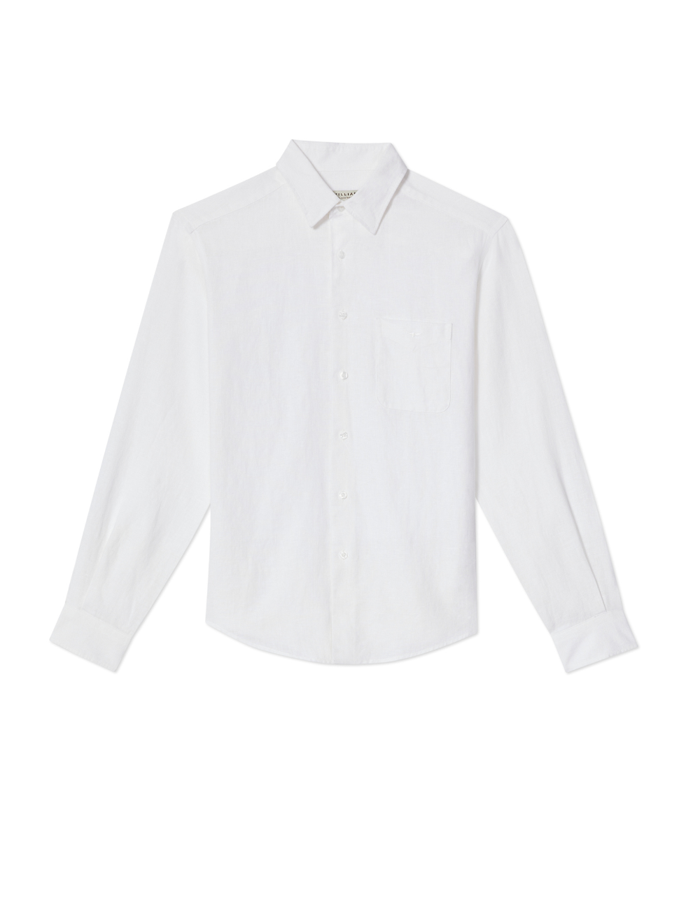 The RM Williams Coalcliff Shirt is a white long-sleeve, 100% linen button-up with a crisp collar and practical chest pocket, set on a plain background.
