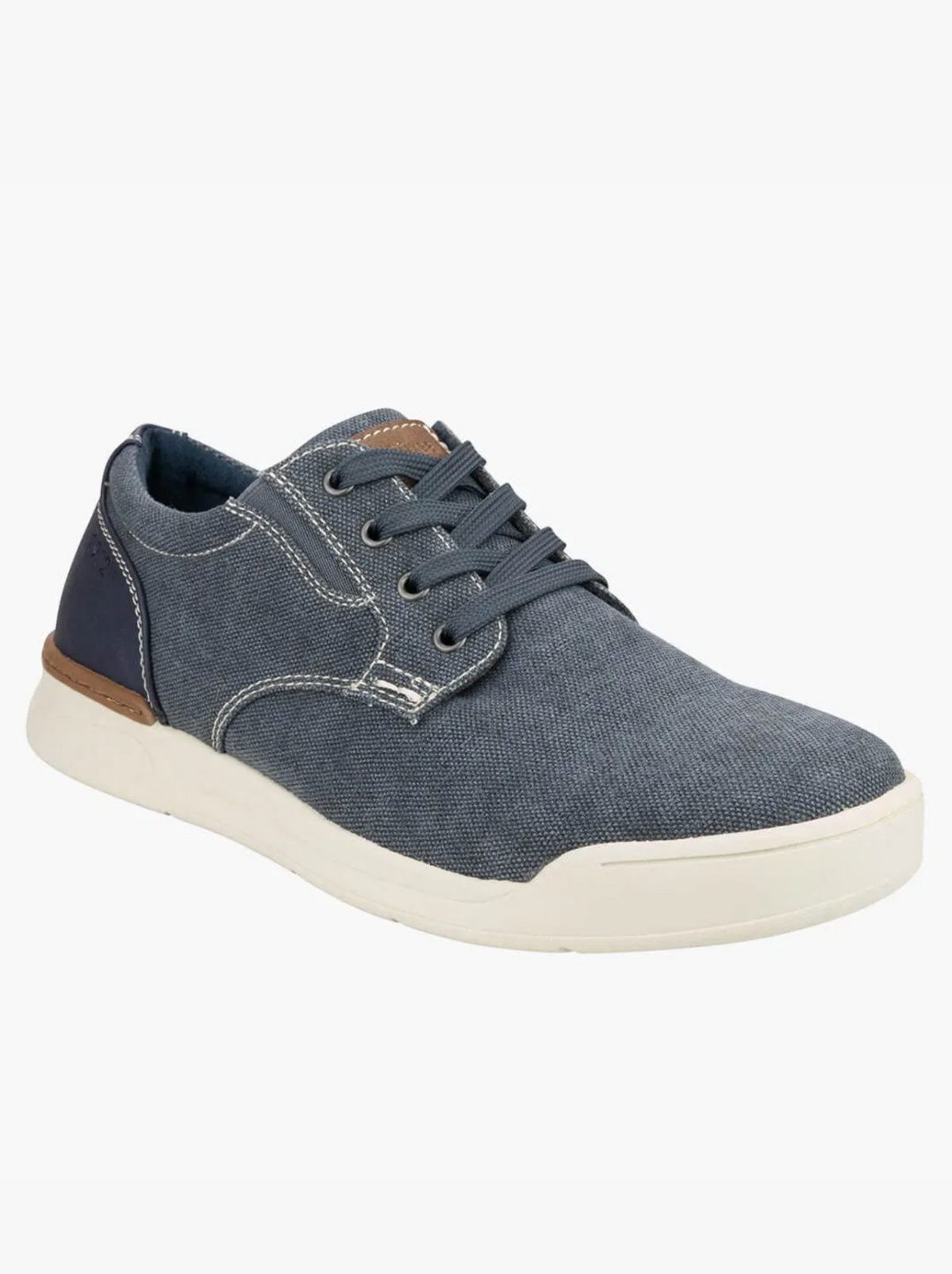 The Florsheim Kore Tour Canvas Lace Sneaker is a blue casual Oxford with white stitching, a white rubber sole, navy heel detail, brown accents on the heel and tongue, and breathable mesh fabric. Displayed on a white background.