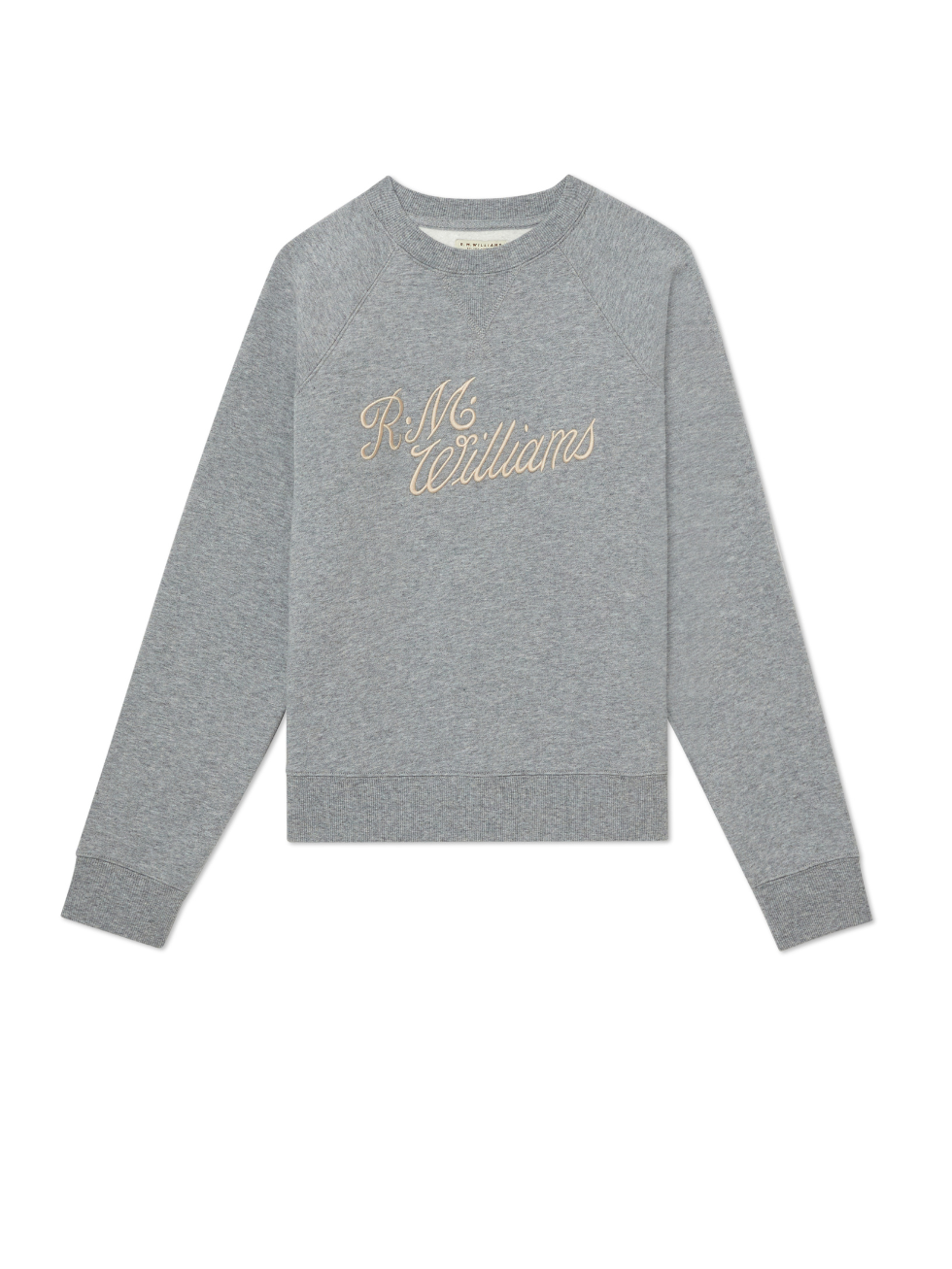 The RM Williams R.M.W Womens Script Crew is a gray sweatshirt with long sleeves featuring the classic "R.M. Williams" script on the front, blending elegance with functional style.