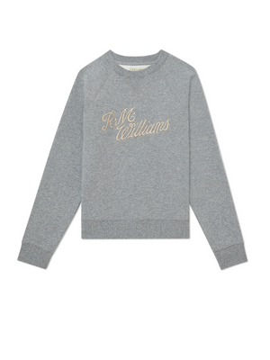 The RM Williams R.M.W Womens Script Crew is a gray sweatshirt with long sleeves featuring the classic "R.M. Williams" script on the front, blending elegance with functional style.