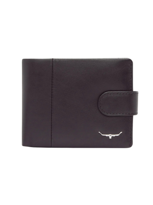 The RM Williams Wallet with Coin Pocket and Tab is a sleek and minimalist black Yearling leather bi-fold wallet, featuring a snap closure and a silver longhorn emblem on the front.