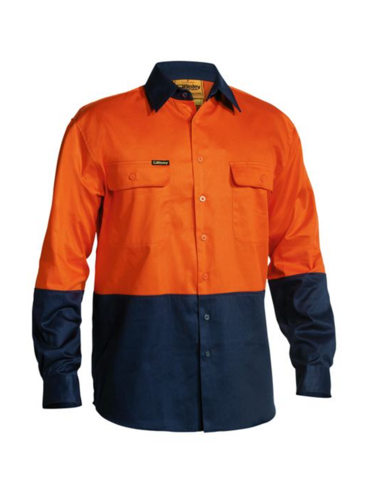 The Bisley Hi Vis Drill Shirt is a long-sleeved, high-visibility work shirt with an orange upper section and a navy blue lower section, sleeves, and collar. It features buttoned chest pockets and a front button closure, ensuring maximum visibility and comfort on the job site.