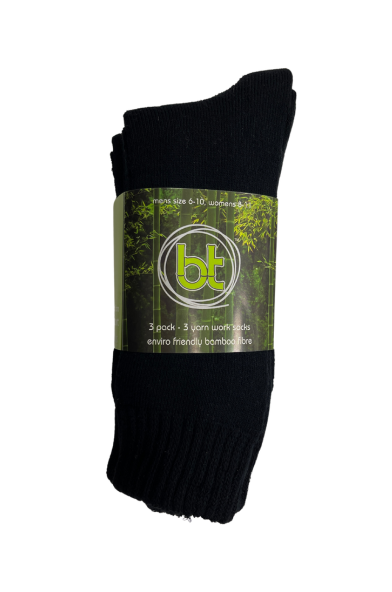 Image of a pack of black socks wrapped in a label. The label reads "bt" with text below stating "Bamboo 3 Yarn 3 Pack Work Socks" and "enviro friendly bamboo fibre." These Bamboo Work Socks are men's size 6-10, featuring anti-bacterial fabric for added hygiene.