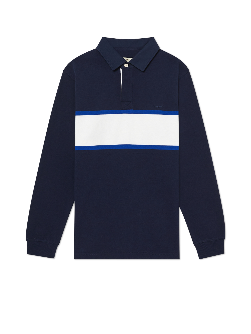 The RM Williams Tweedale Rugby is a navy blue long-sleeve polo shirt with a classic rugby silhouette, featuring a white horizontal stripe bordered by thin blue lines across the chest, a collar, and buttoned placket.