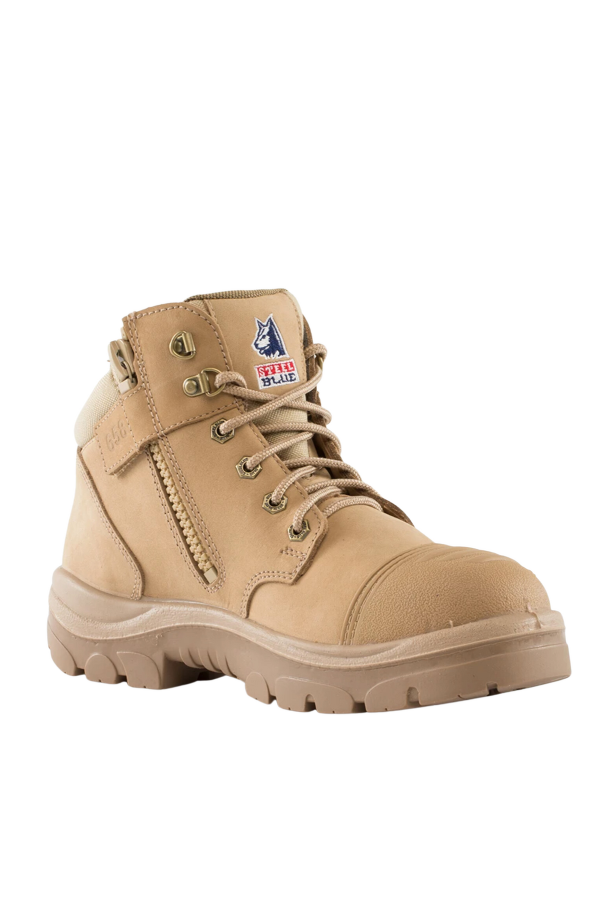 Introducing the Steel Blue Parkes Zip Scuff Cap Boot: a tan-colored work boot with a sturdy design, featuring metal eyelets, a padded collar, and a side zipper on the left. It boasts a rugged rubber sole, detailed stitching, and a tag with a bull logo on the tongue. Additionally, these boots come equipped with a safety steel toe for added protection.