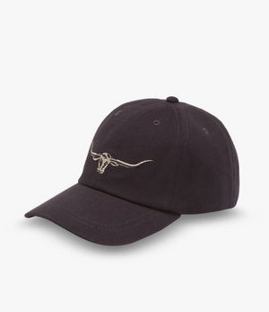 The RM Williams Longhorn Cap is made from durable cotton twill, featuring a black design with a white longhorn skull embroidered on the front. It includes a curved brim and small ventilation holes for breathability.