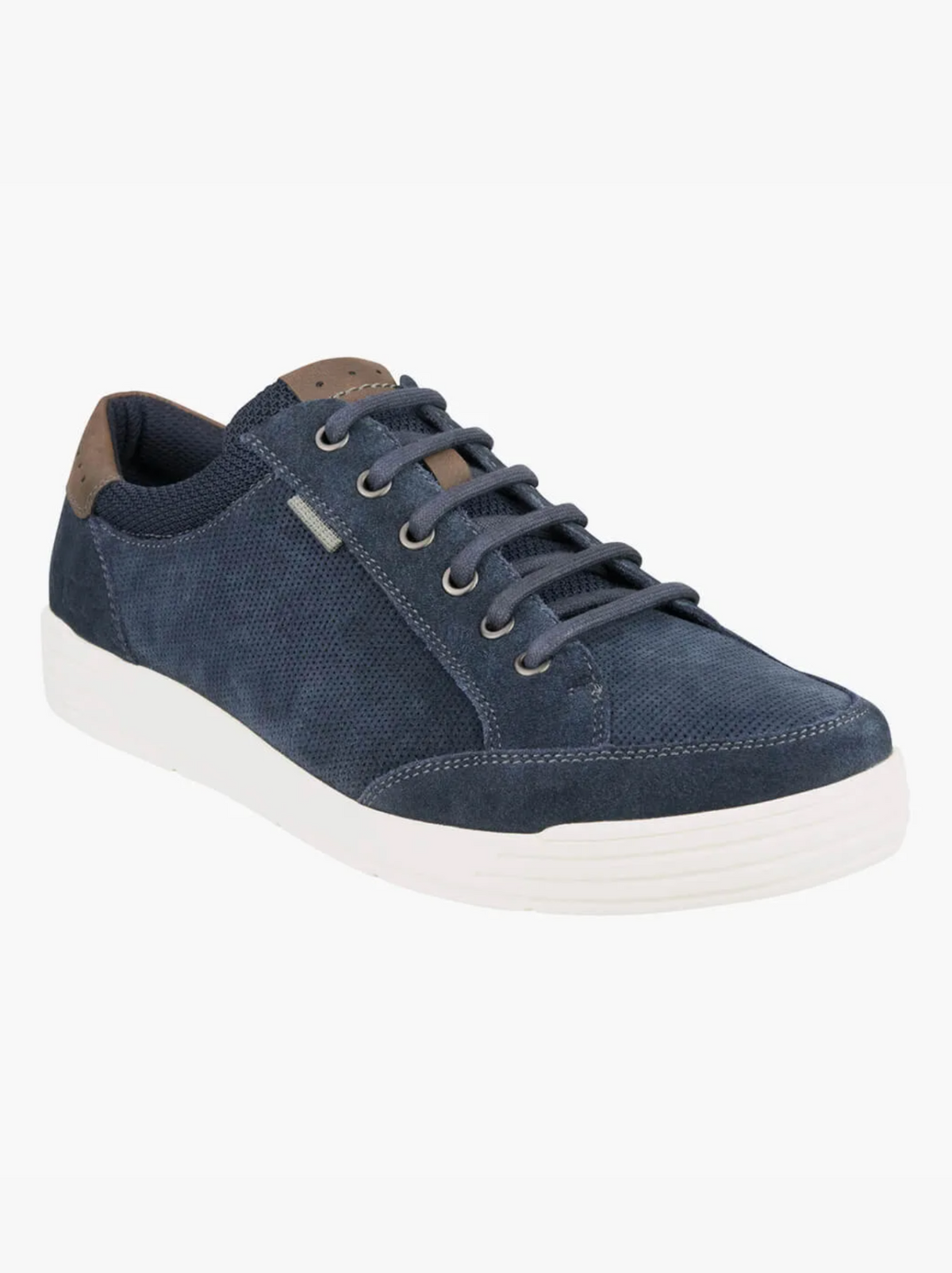 The Florsheim City Walk Lace Sneaker in navy blue has a white sole, textured fabric, brown heel accent, and Kore Technology with a Comfort Gel heel pod for support—all shown on a plain white background.