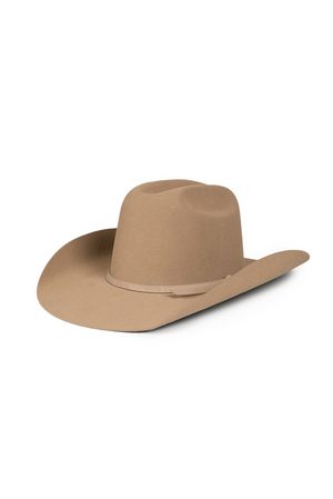 The Ringers Western Drafter Wool Hat is a tan-colored cowboy accessory featuring a wide brim and a pinched crown, crafted entirely from 100% wool felt. It showcases a simple band around the base of the crown, embodying a classic and minimalist design that is perfect for both casual and formal Western-style attire.