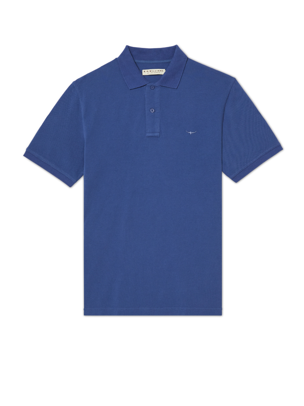 The RM Williams Rod Polo is a plain blue cotton pique polo shirt with a collar, three buttons, and a small longhorn embroidery on the left chest, shown on a white background.