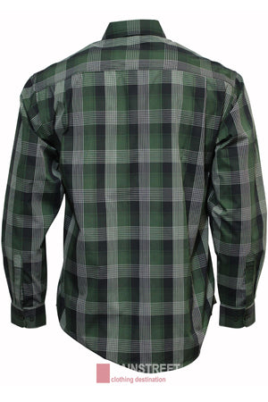 The Bisley Countryman Shirt in green and black plaid is shown from the back, featuring a classic collar, checkered pattern, buttoned cuffs, and signature chest pockets.
