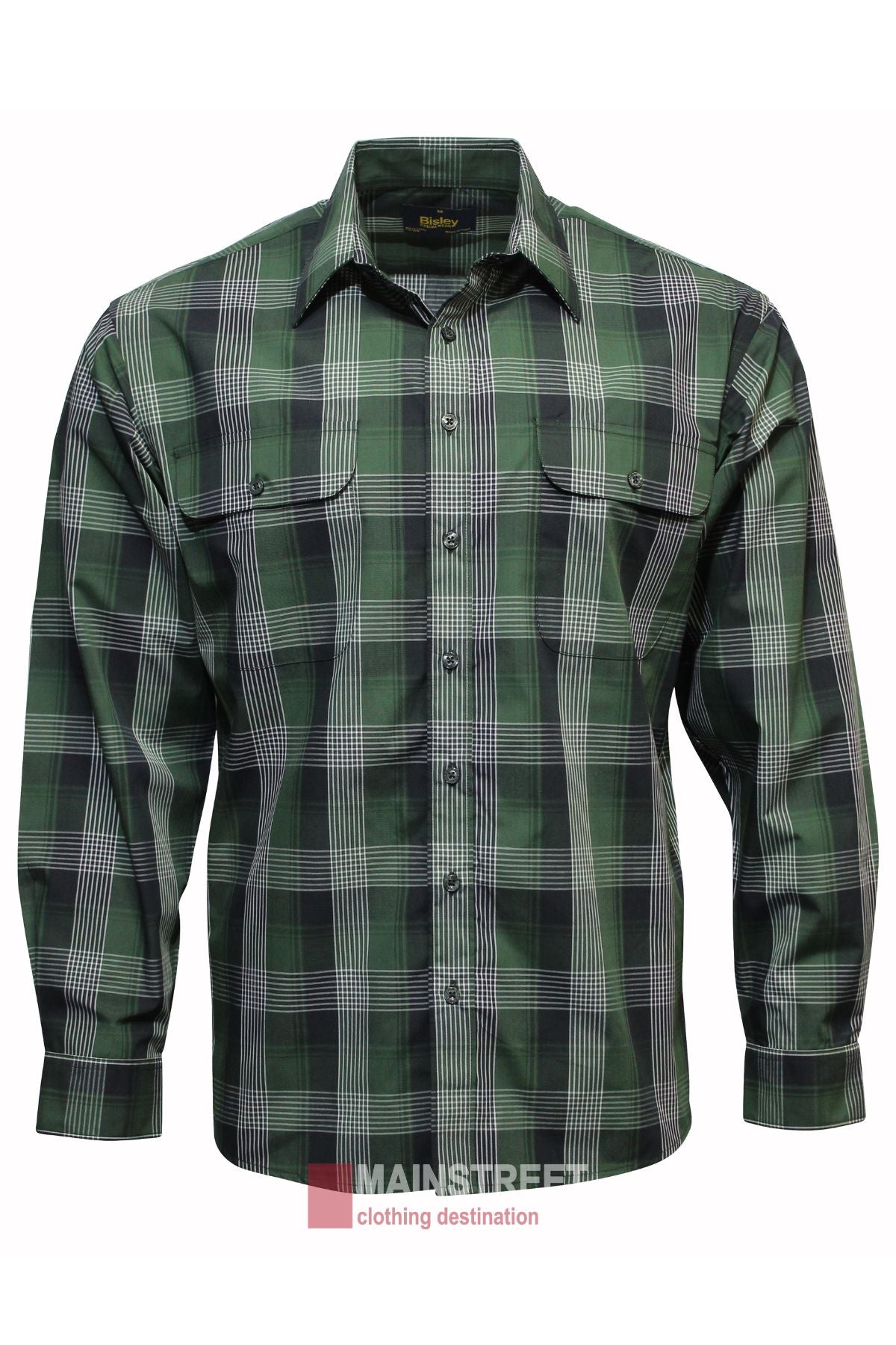 The Bisley Countryman Shirt features a green, black, and white plaid pattern with buttoned chest pockets and a collar, shown on a white background.